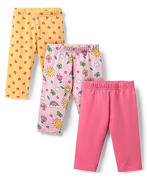 Babyhug Cotton Lycra Knit Three Fourth Leggings with Heart & Floral Print Pack of 3 - Yellow & Pink