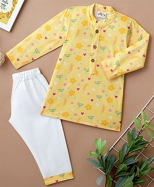 Desi Soota Cotton Full Sleeves Floral & Hearts Printed Coordinating Kurta Pyjama Set - Yellow