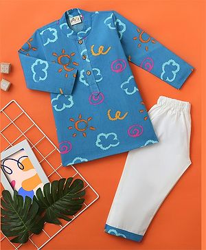 Desi Soota Cotton Full Sleeves Clouds & Sun Printed Coordinating Kurta Pyjama Set - Blue