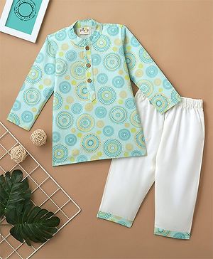 Desi Soota Cotton Full Sleeves Mandala Circle Printed Coordinating Kurta Pyjama Set - Turquoise