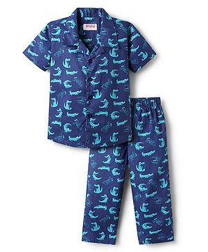Babyhug Cotton Woven Half Sleeves Co-ords Night Suit With Animal Print - Blue