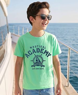 Pine Kids Cotton Knit Half Sleeves T-Shirt with Nautical Theme Print - Mint