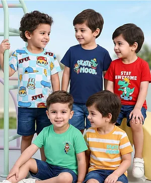 Babyhug 100% Cotton Knit Half Sleeves
                              Striped T-Shirts with Animal Print Pack of
                              5 - Multicolor
