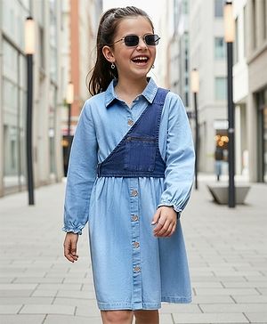 Pine Kids Cotton Woven Full Sleeves Solid Coloured Shirt Dress With One Sided Jacket - Light Blue