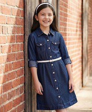 Pine Kids Cotton Woven Full Sleeves Solid Color Shirt Dress & Belt - Navy Blue
