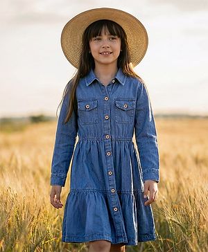 Pine Kids Cotton Woven Full Sleeves Solid Shirt Dress - Blue