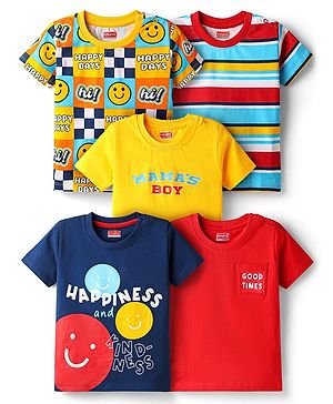 Babyhug 100% Cotton Knit Half Sleeves T-Shirt with Stripes & Smiley Print Pack of 5 - Red & Navy Blue