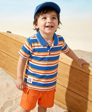 Babyhug Single Jersey Knit Half Sleeves Polo T-Shirt & Shorts Set with Stripes - Orange & Blue
