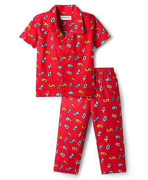 Babyhug Cotton Woven Half Sleeves Co-ords Front Open Night Suit With Number Print - Red