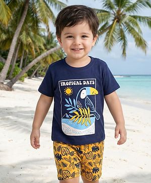 Babyhug Single Jersey Knit Half Sleeves T-Shirt & Shorts Set with Tropical Print - Navy Blue