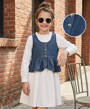 Pine Kids Cotton Woven Full Sleeves Frock With Jacket - White