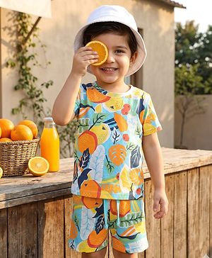 Babyhug Single Jersey Knit Half Sleeves T-Shirt & Shorts Co-ord Set with Tropical Print - Blue Light