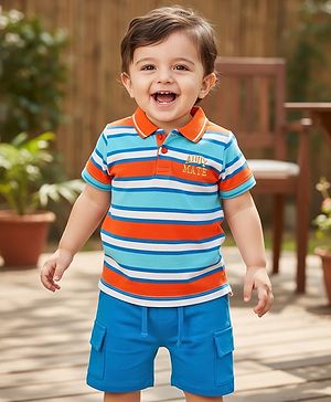 Babyhug Single Jersey Knit Half Sleeves T-Shirt & Shorts Set With Stripes - Light Blue
