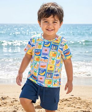Babyhug Single Jersey Knit Half Sleeves T-Shirt & Shorts Set with Beach Theme Print - Navy Blue