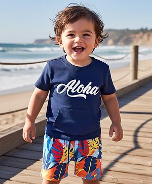 Babyhug Single Jersey Knit Half Sleeves T-Shirt and Shorts Set with Aloha Text Print - Navy Blue