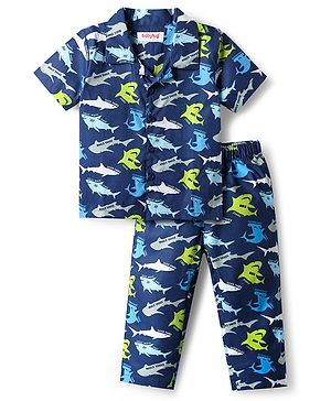 Babyhug Cotton Woven Half Sleeves Co-ords Front Open Night Suit With Fish Print - Navy Blue