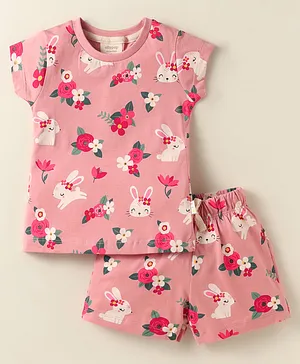 Ollypop Sinker Knit Half Sleeves
                              Co-Ords Shorts Night Suit With Floral
                              & Bunny Print - Pink
