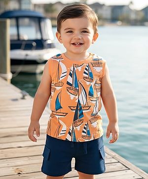Babyhug Single Jersey Knit Sleeveless Tank T-Shirt & Shorts Set With Nautical Print Theme - Orange & Navy Blue