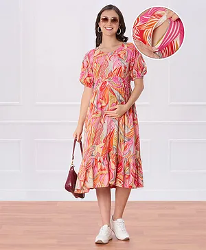 Bella Mama Woven Three Fourth Sleeves
                              Maternity Dress with Abstract Print- Dark
                              Pink