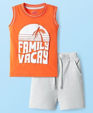Babyhug Single Jersey Knit Sleeveless Tank T-Shirt & Shorts Set with Beach Theme Print - Orange & Light Grey