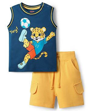 Babyhug Single Jersey Knit Sleeveless Tank T-Shirt & Shorts Set with Tiger Print - Navy Blue & Yellow
