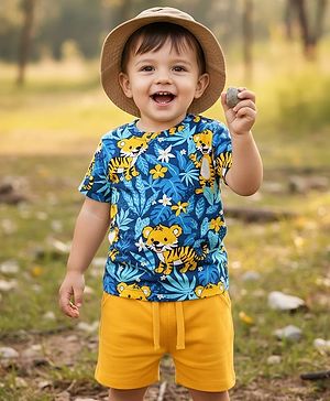 Babyhug Single Jersey Knit Half Sleeves T-Shirt & Shorts Set With Tiger Print - Navy Blue & Yellow
