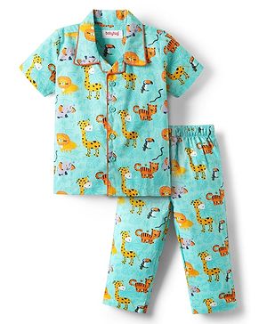 Babyhug Cotton Woven Half Sleeves Co-Ord Night Suit With Animal Print - Aqua Blue