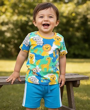 Babyhug Single Jersey Knit Half Sleeves T-Shirt & Shorts Set  with Jungle Theme Print & Tape Detailing - Blue