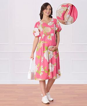 Bella Mama Woven  Half Sleeves Maternity Dress  With Flower  Print -Pink