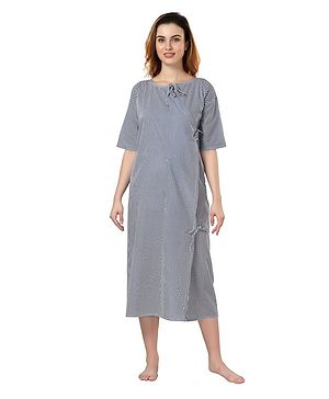 Piu Cotton Woven Half Sleeves Striped Hospital Patient Maternity Gown - Blue
