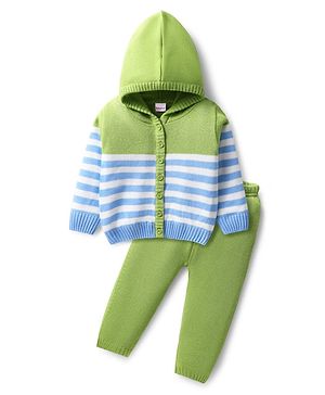 Babyhug Knitted Full Sleeves Striped Hooded Sweater Set - Light Green