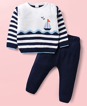 Babyhug Knit Full Sleeves Sweater Set With Stripes & Christmas Theme Design - Light Blue & White
