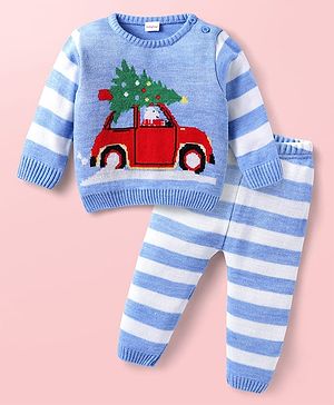 Babyhug Knit Full Sleeves Sweater Set With Stripes & Christmas Theme Design - Light Blue & White