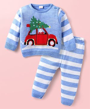 Babyhug Knit Full Sleeves Sweater Set With Stripes & Christmas Theme Design - Light Blue & White