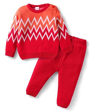 Babyhug Knitted Full Sleeves Sweater Set with Chevron Design - Red