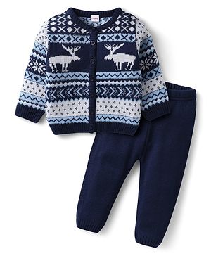 Babyhug Knitted Full Sleeves Front Open Sweater Set With Reindeer Design - Royal Blue