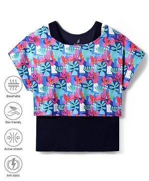 Pine Active Knit Half Sleeves Printed Crop Top With Inner Vest - Navy Blue