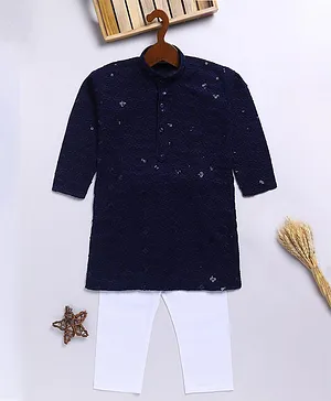 JBN Creation Rayon Full Sleeves Threadwork Embroidered Sequins Embellished Kurta Pyjama Set - Navy Blue