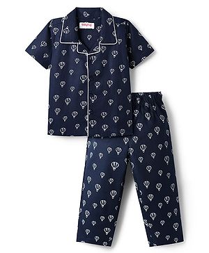 Babyhug Cotton Woven Half Sleeves Co-Ord Night Suit With Air Balloon Print - Navy Blue