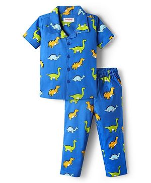 Babyhug Cotton Woven Half Sleeves Co-ords Night Suit with Dino Print - Blue