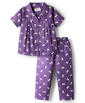 Babyhug Cotton Woven Half Sleeves Co-Ords Nightsuit With Bow Print - Purple