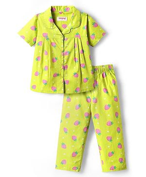 Babyhug Cotton Woven Half Sleeves Co-Ords Nightsuit With Strawberry Print - Green