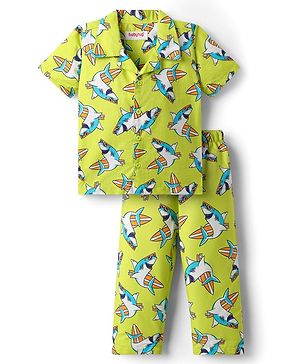 Babyhug Cotton Woven Half Sleeves Co-ords Night Suit With Shark Print - Lime Green