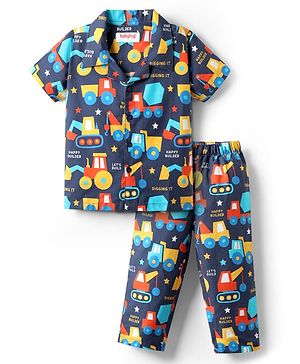 Babyhug Cotton Woven Half Sleeves Co-ords Night Suit With Vehicle Print - Navy Blue