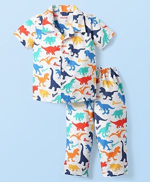 Babyhug Cotton Woven Half Sleeves Co-ords Night Suit With Dino Print - White