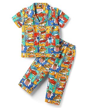 Babyhug Cotton Woven Half Sleeves Co-ords Night Suit with Text Print - Multicolor