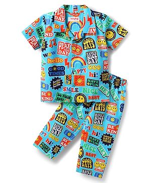 Babyhug Cotton Woven Half Sleeves Co-ords Night Suit with Text Print - Light Blue