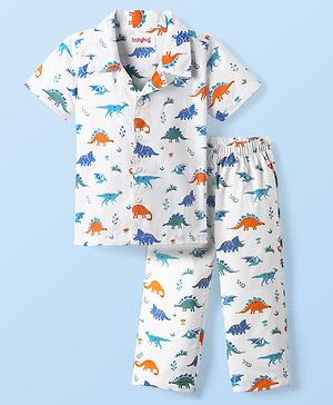 Babyhug Cotton Woven Half Sleeves Co-ords Night Suit With Dino Print - White