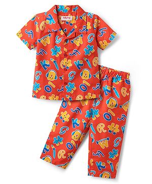 Babyhug Cotton Woven Half Sleeves Alphabet Printed Co-ords Night Suit  - Red
