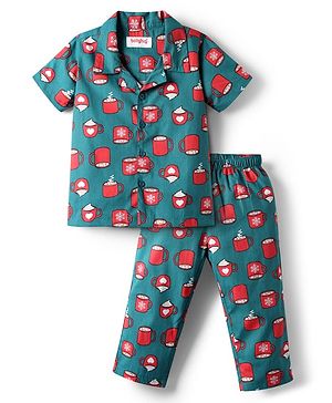 Babyhug Cotton Woven Half Sleeves Co-ords Night Suit With Cup Print - Green
